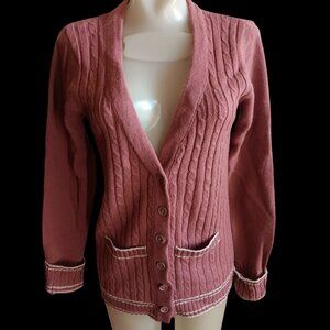 Women's Small Cardigan Sweater Vintage 1970's Collage Cable Knit Ringer Korea